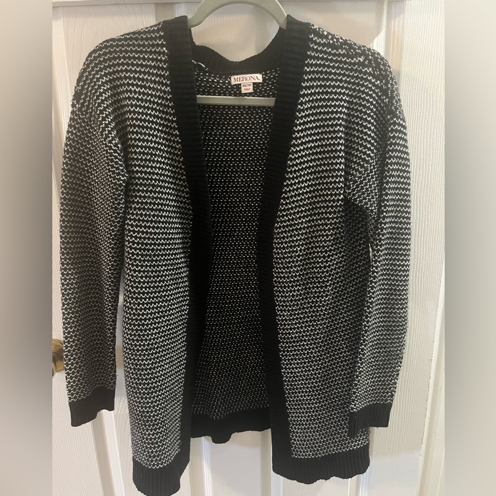 Merona Black & White Open-Front Textured Knit Cardigan